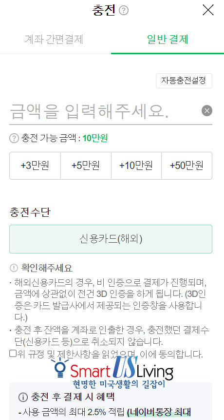 Naver Pay 네이버페이 일반결제 충전 해외 신용카드 월 10만원